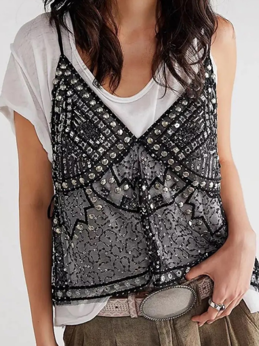 Beaded Black Sheer Overlay Tank Top - Women's